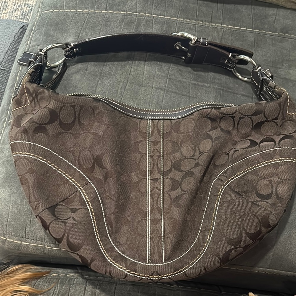 Coach Brown Signature Canvas Hobo Shoulder Bag with Metallic Accents